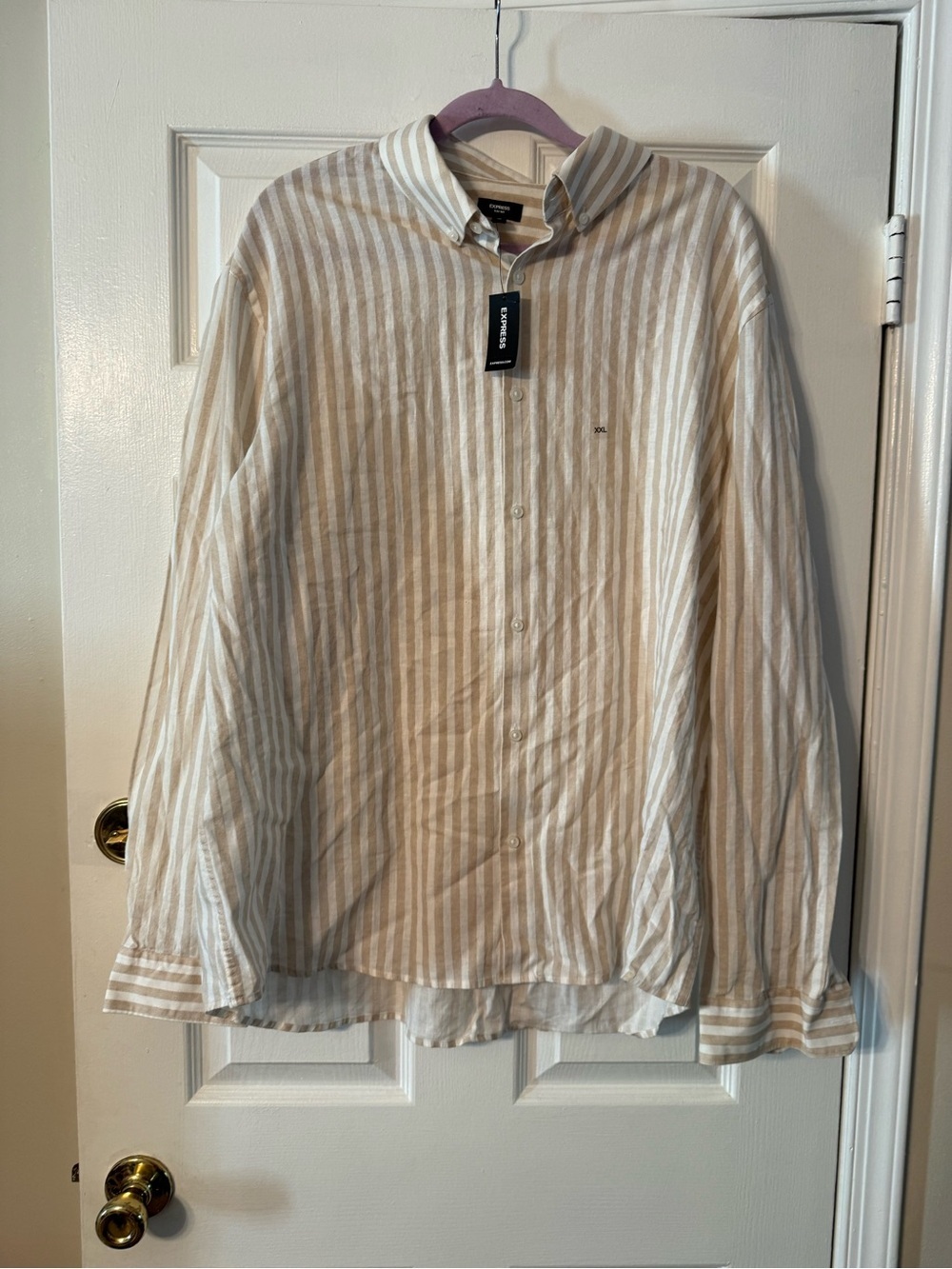 Express Men’s Beige and White Stripe Button-Down Shirt